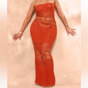 PrettyLittleThing Shape Burnt Orange Knit Sheer Panel Bandeau Maxi Dress